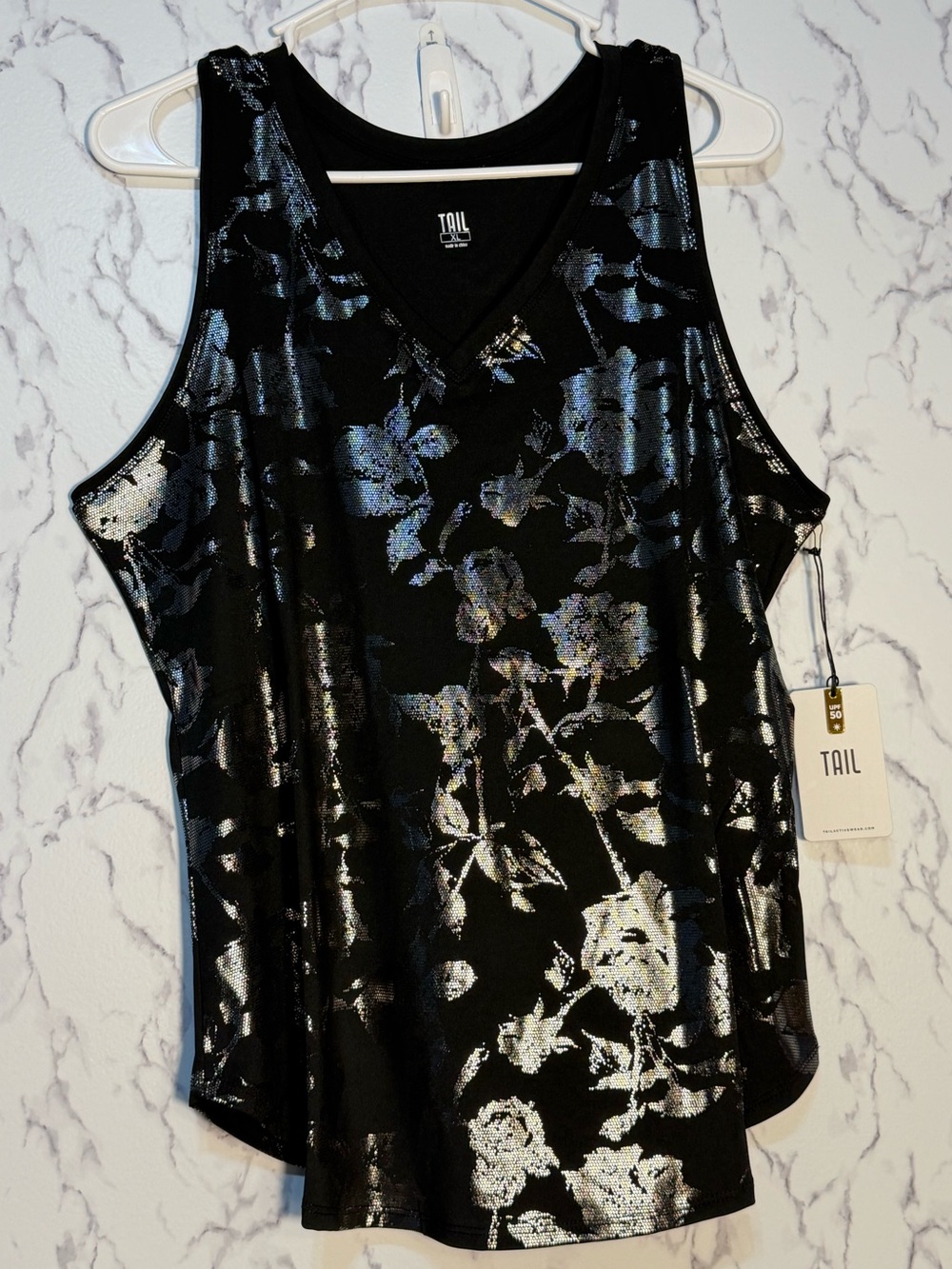 Tail Madison Black Metallic Silver Foil Floral Racerback Tank NWT XL UPF 50+